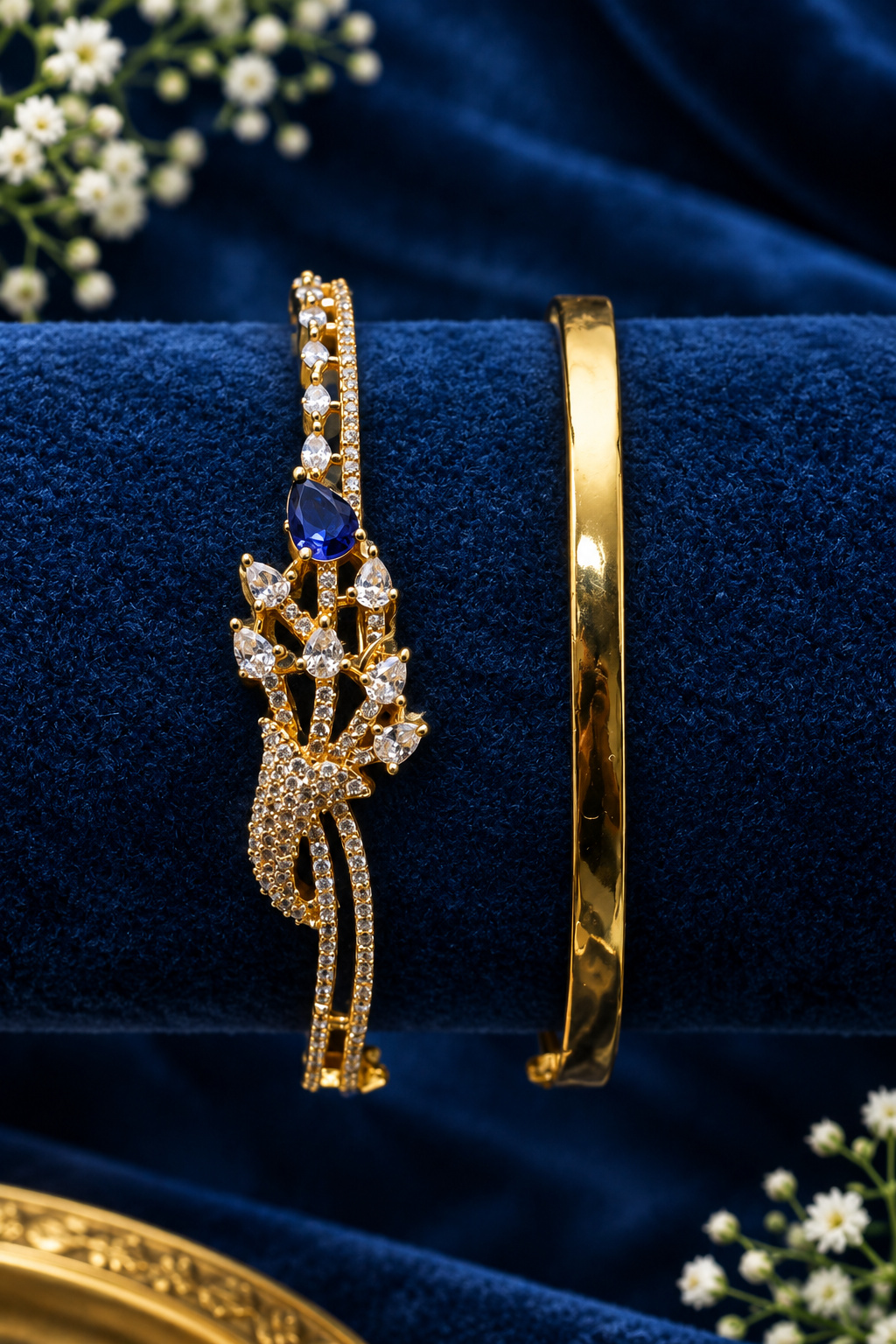 Sapphire Floral Bloom Open Cuff Kada